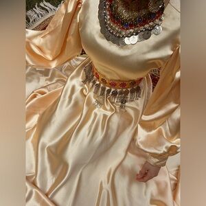 Afghan Cream Shiny Satin Dress with Embellished Belt